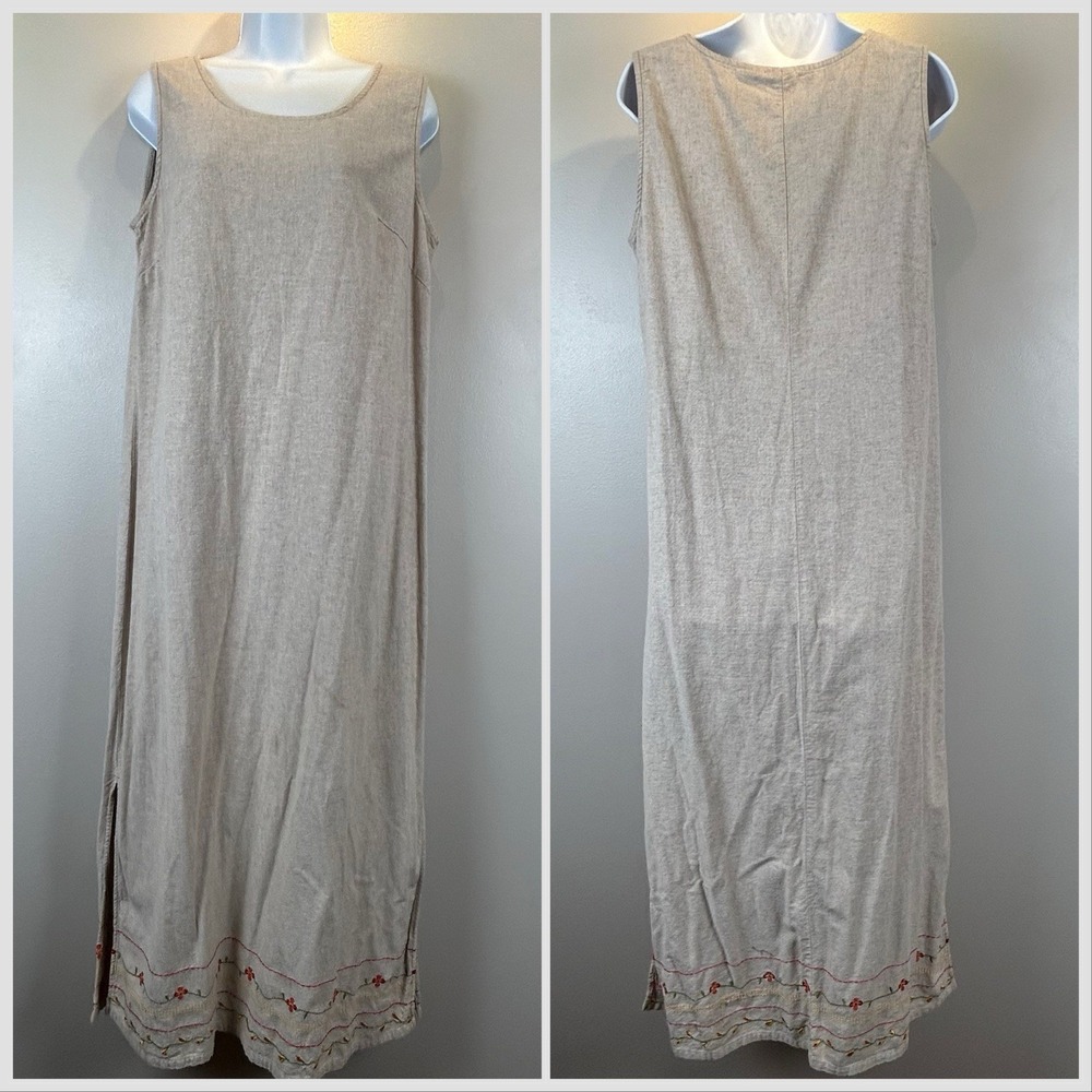 Carolina Colours Vintage Maxi Dress Womens 14 Tan Embroidered Hem Boho Lagenlook